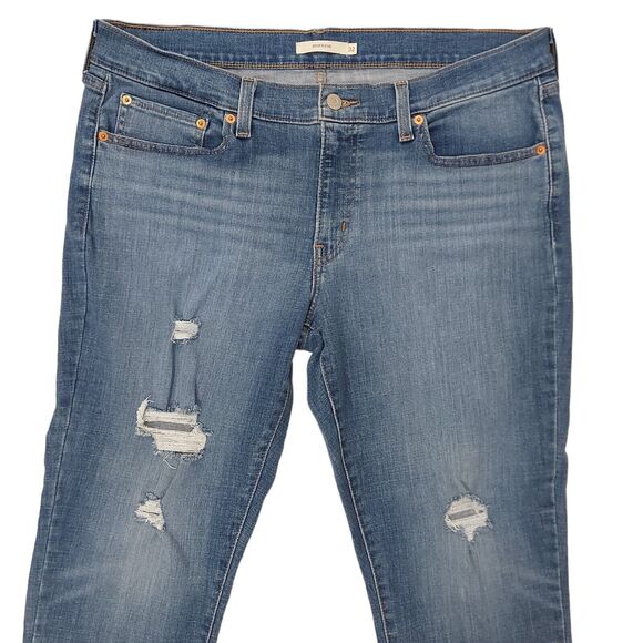Levi's Boyfriend Jeans Womens 32x27 Blue Tapered Mid Rise Distressed Stretch - Picture 3 of 9